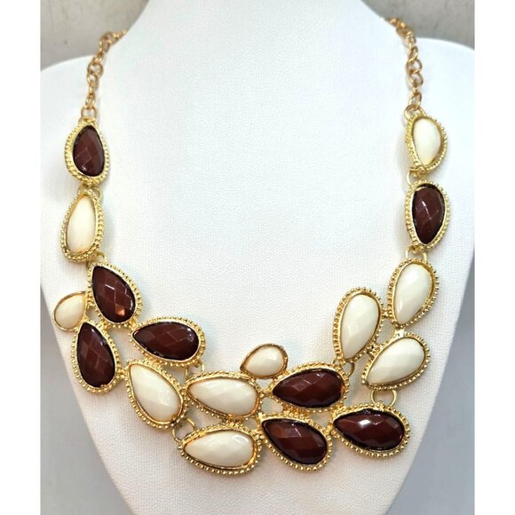 Gold Tone Statement Necklace With Brown & Cream Teardrop Resin Stones - Picture 1 of 3
